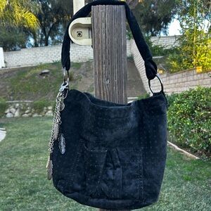 tylie malibu black suede leather shoulder bag with feather keychain/ bag charm
